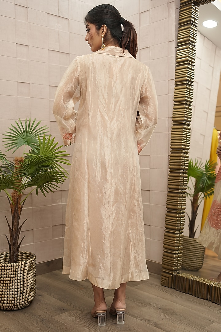 Champagne Tissue Organza Hand-Painted & Embroidered Summer Dress by Ojasvini at Pernia's Pop Up Shop