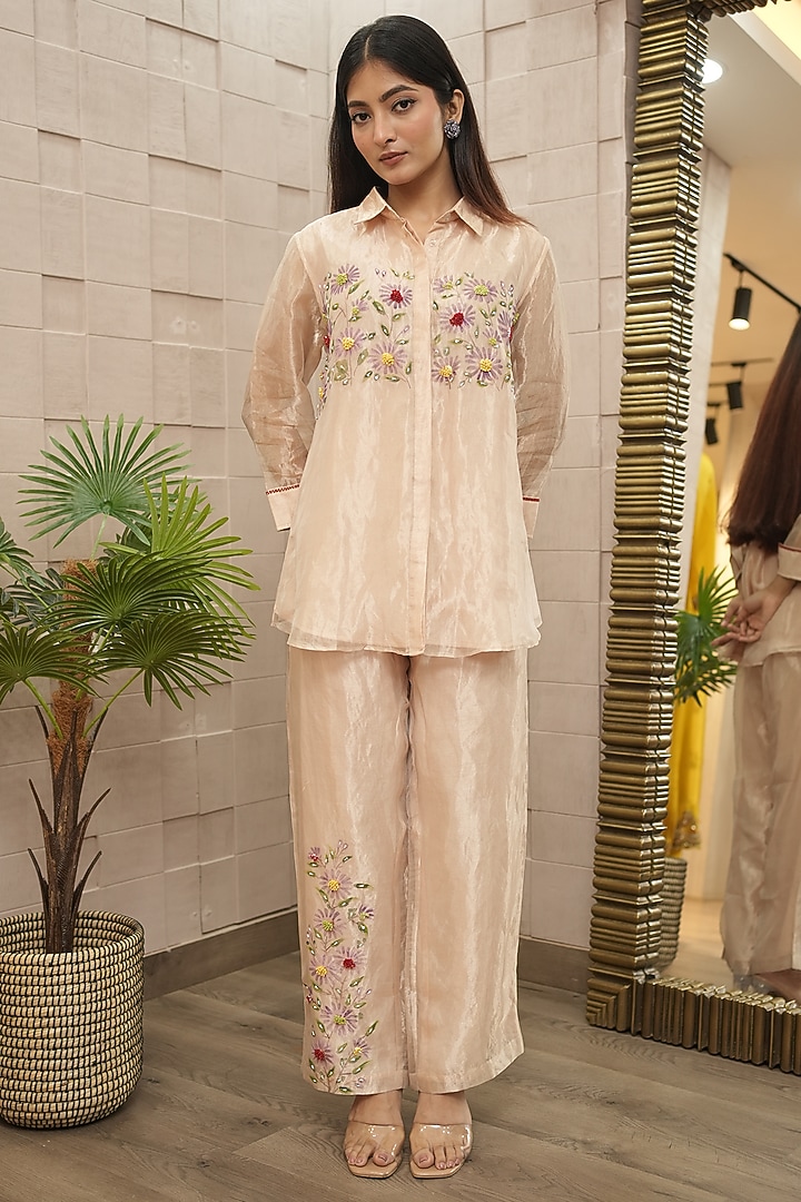 Champagne Tissue Organza Hand-Painted Co-Ord Set by Ojasvini at Pernia's Pop Up Shop