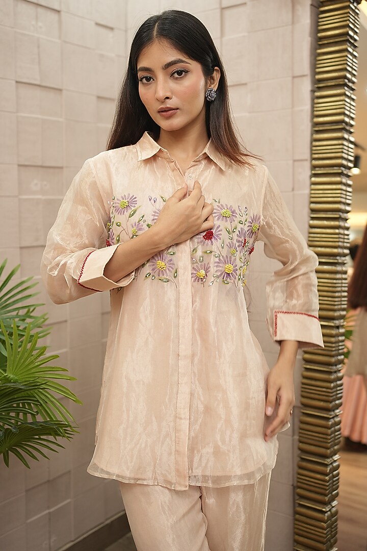 Champagne Tissue Organza Hand-Painted Co-Ord Set by Ojasvini at Pernia's Pop Up Shop