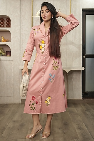 Pink Premium Cotton Hand-Painted Dress by Ojasvini