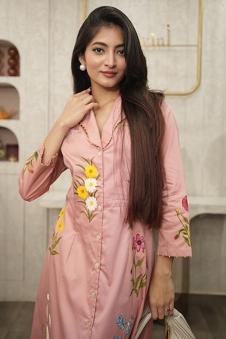Pink Premium Cotton Hand-Painted Summer Dress by Ojasvini at Pernia's Pop Up Shop