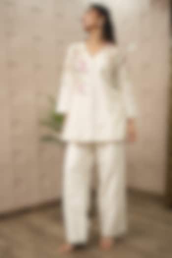 Ivory Silk Hand-Painted Co-ord Set by Ojasvini at Pernia's Pop Up Shop