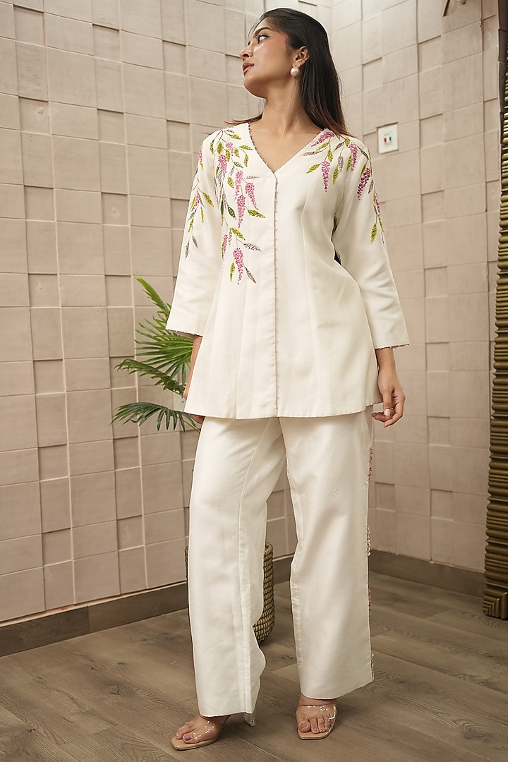 Ivory Silk Hand-Painted Co-ord Set by Ojasvini at Pernia's Pop Up Shop