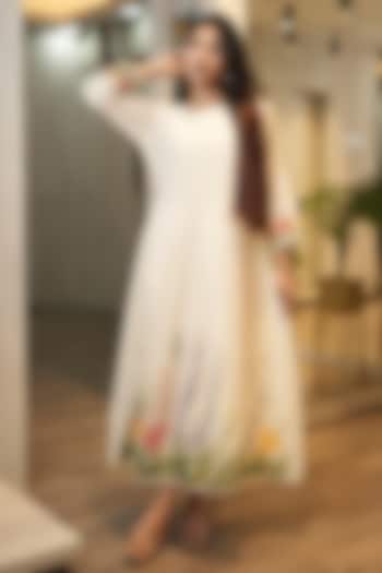 White Mul Chanderi Hand-Painted Summer Dress by Ojasvini at Pernia's Pop Up Shop