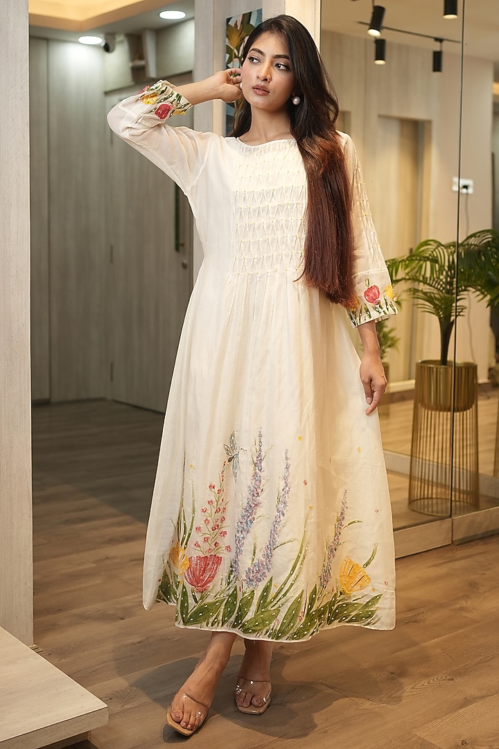 White Mul Chanderi Hand-Painted Summer Dress by Ojasvini at Pernia's Pop Up Shop