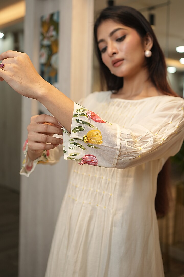 White Mul Chanderi Hand-Painted Summer Dress by Ojasvini at Pernia's Pop Up Shop