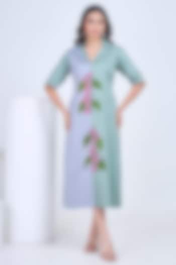 Grey & Sap Green Premium Cotton Hand-Painted Summer Dress by Ojasvini at Pernia's Pop Up Shop