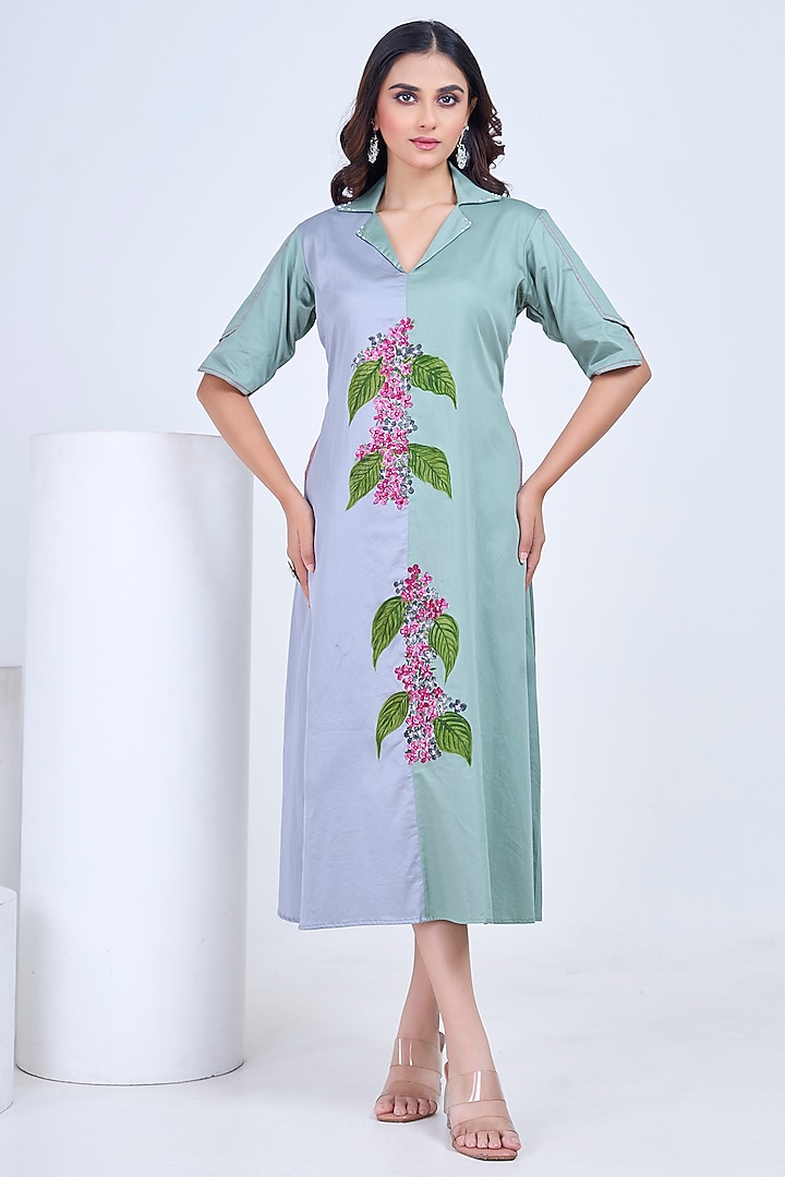 Grey & Sap Green Premium Cotton Hand-Painted Summer Dress by Ojasvini at Pernia's Pop Up Shop