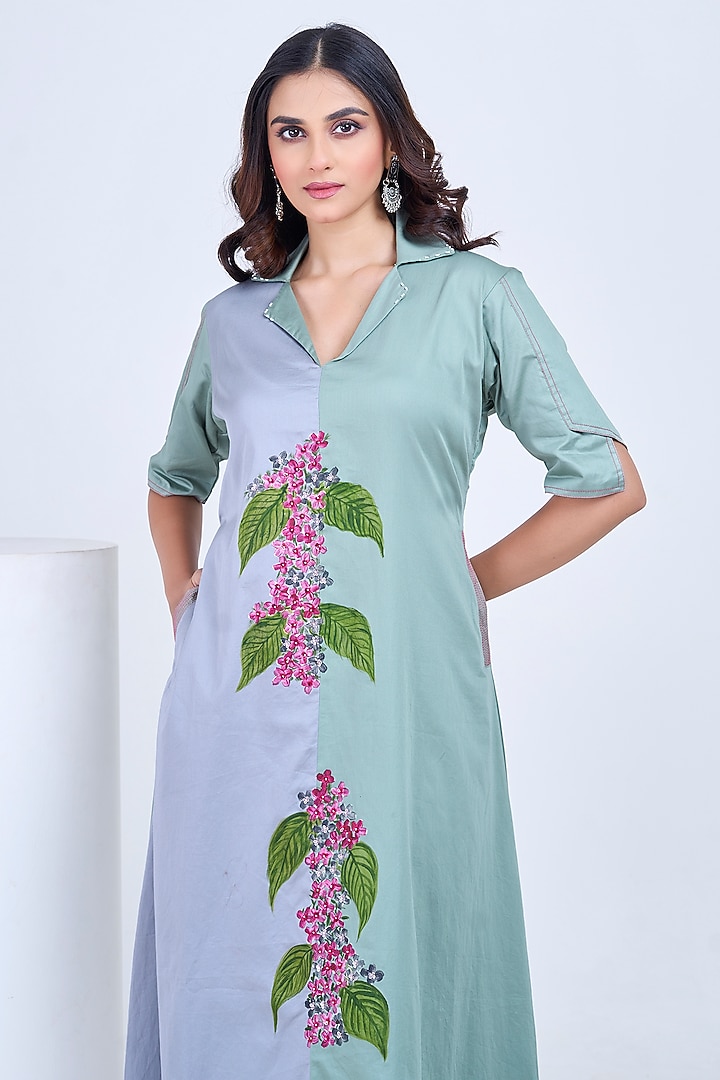Grey & Sap Green Premium Cotton Hand-Painted Summer Dress by Ojasvini at Pernia's Pop Up Shop