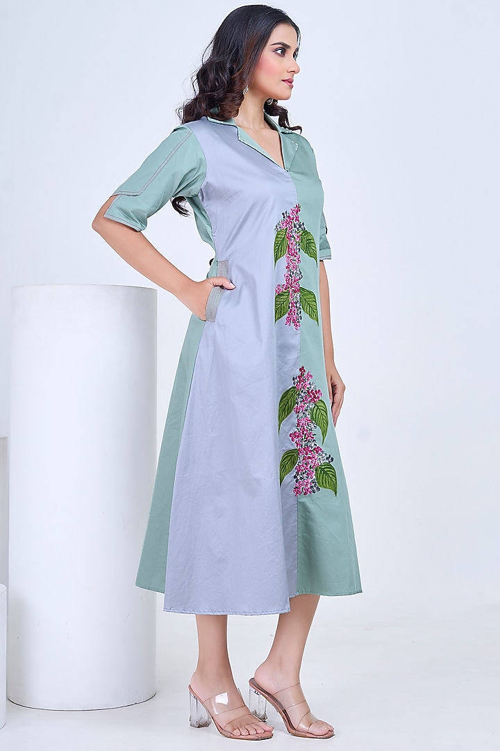 Grey & Sap Green Premium Cotton Hand-Painted Summer Dress by Ojasvini at Pernia's Pop Up Shop