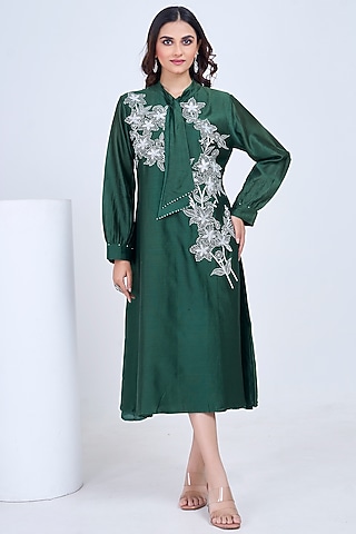 Bottle Green Silk Chanderi Embroidered Dress by Ojasvini