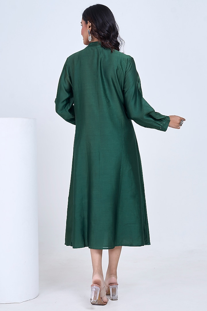Bottle Green Silk Chanderi Embroidered Summer Dress by Ojasvini at Pernia's Pop Up Shop