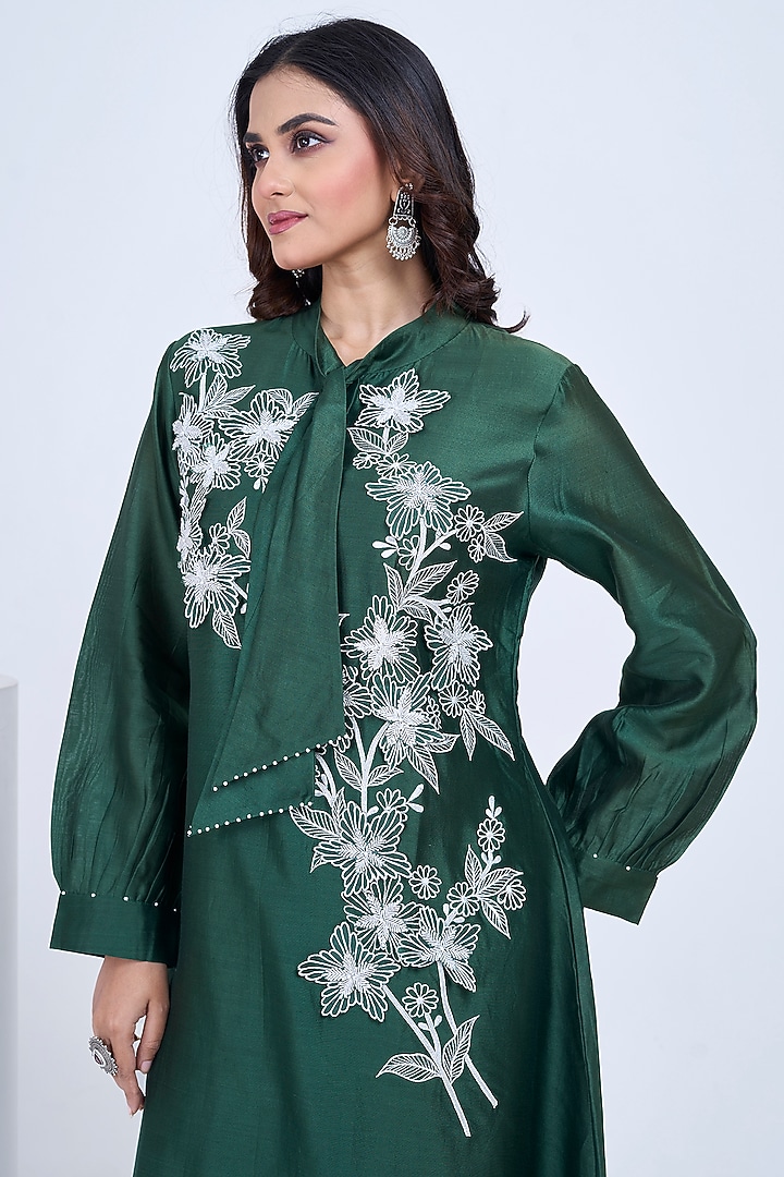 Bottle Green Silk Chanderi Embroidered Summer Dress by Ojasvini at Pernia's Pop Up Shop