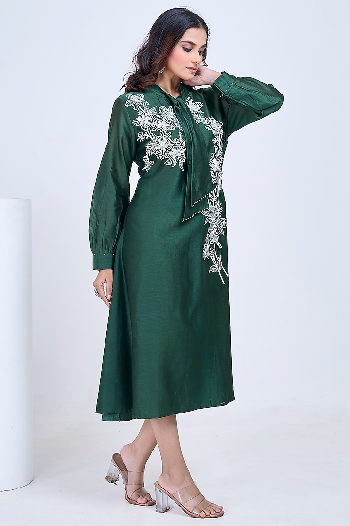 Bottle Green Silk Chanderi Embroidered Summer Dress by Ojasvini at Pernia's Pop Up Shop
