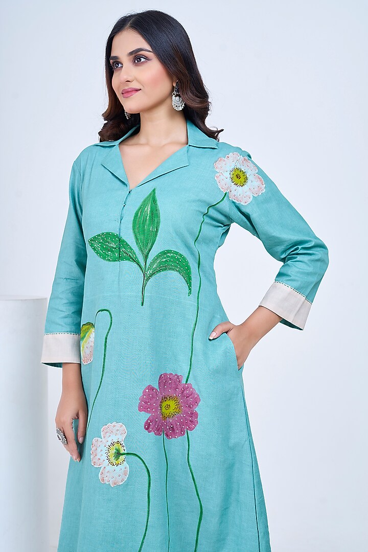 Aqua Linen Hand-Painted Summer Dress by Ojasvini at Pernia's Pop Up Shop