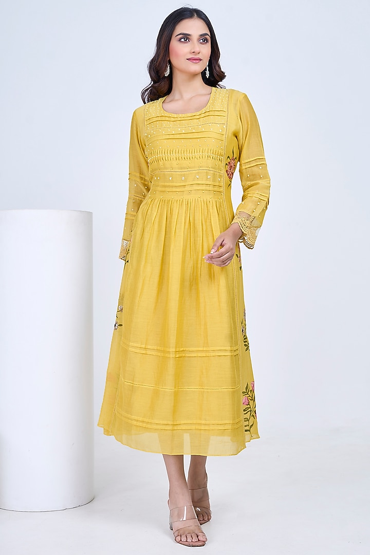 Yellow Malai Chanderi Hand Embroidered Summer Dress by Ojasvini at Pernia's Pop Up Shop