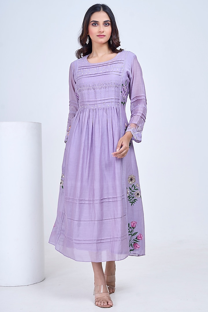 Lilac Malai Chanderi Hand Embroidered Summer Dress by Ojasvini at Pernia's Pop Up Shop