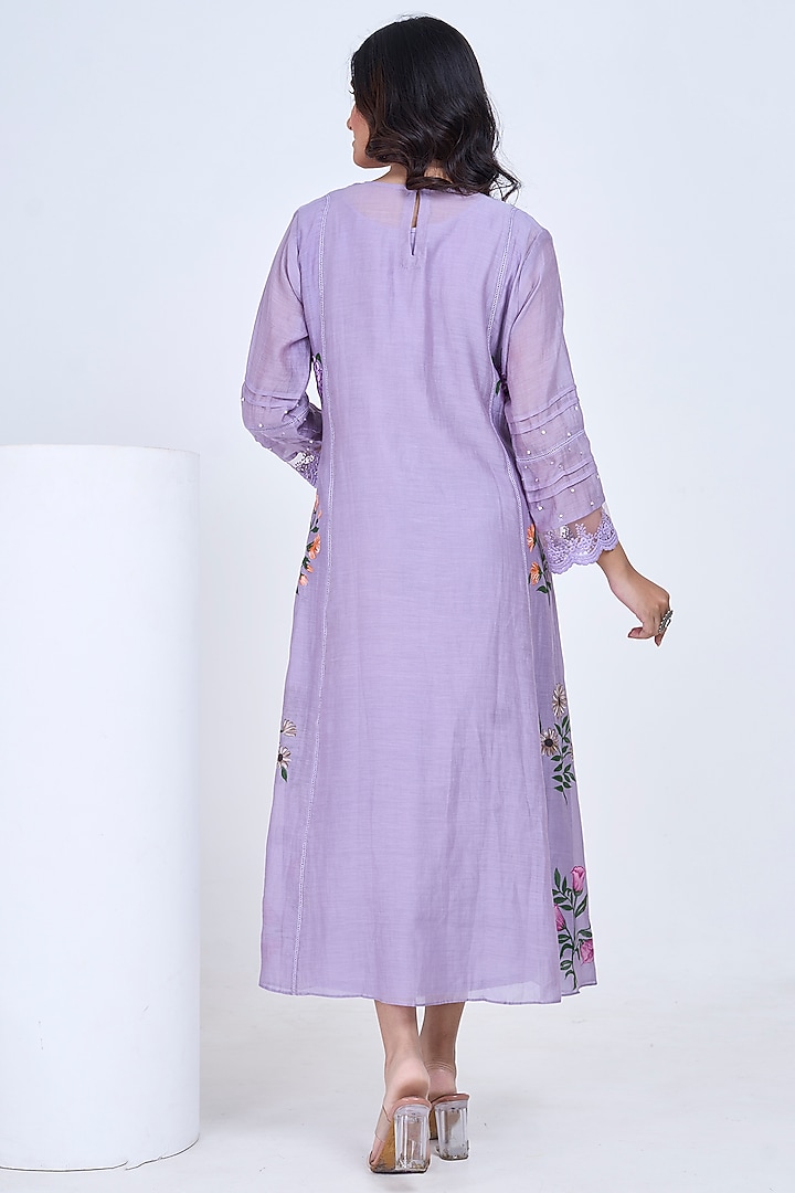 Lilac Malai Chanderi Hand Embroidered Summer Dress by Ojasvini at Pernia's Pop Up Shop