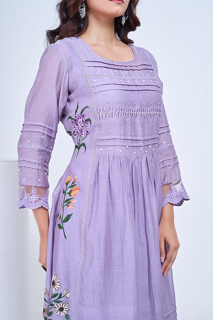 Lilac Malai Chanderi Hand Embroidered Summer Dress by Ojasvini at Pernia's Pop Up Shop