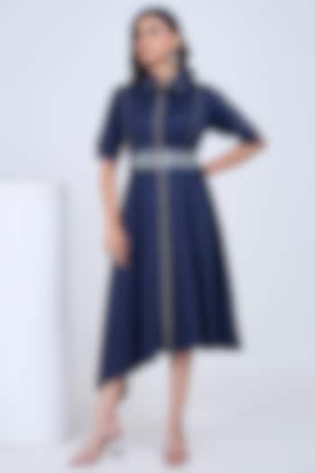 Navy Blue Premium Cotton Hand Embroidered Summer Shirt Dress by Ojasvini at Pernia's Pop Up Shop