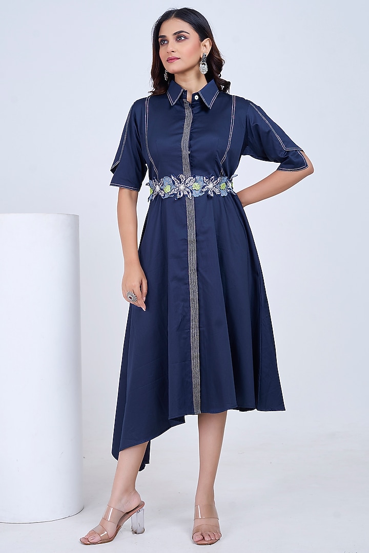 Navy Blue Premium Cotton Hand Embroidered Summer Shirt Dress by Ojasvini at Pernia's Pop Up Shop