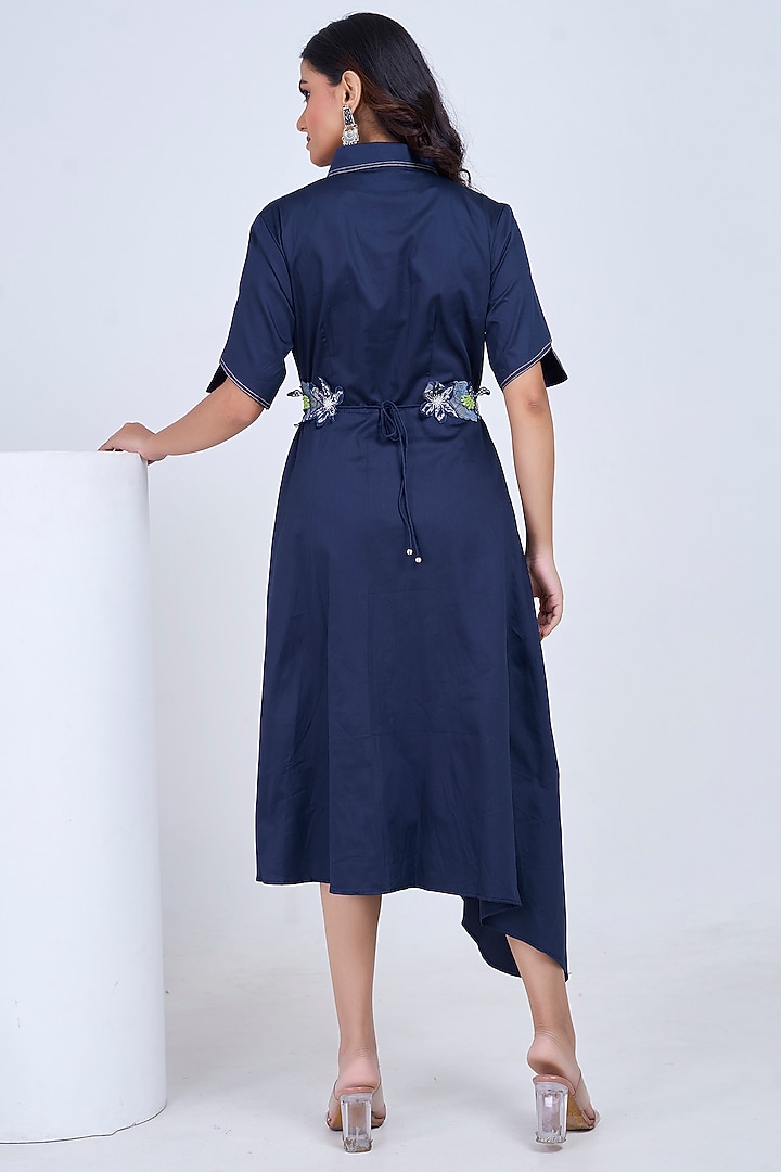 Navy Blue Premium Cotton Hand Embroidered Summer Shirt Dress by Ojasvini at Pernia's Pop Up Shop