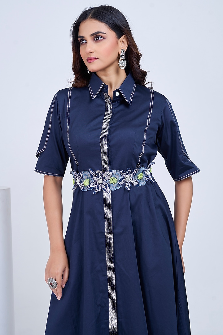 Navy Blue Premium Cotton Hand Embroidered Summer Shirt Dress by Ojasvini at Pernia's Pop Up Shop