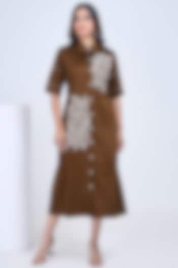 Brown Premium Cotton Embroidered Summer Shirt Dress by Ojasvini at Pernia's Pop Up Shop