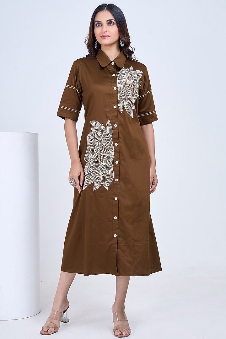 Brown Premium Cotton Embroidered Summer Shirt Dress by Ojasvini at Pernia's Pop Up Shop