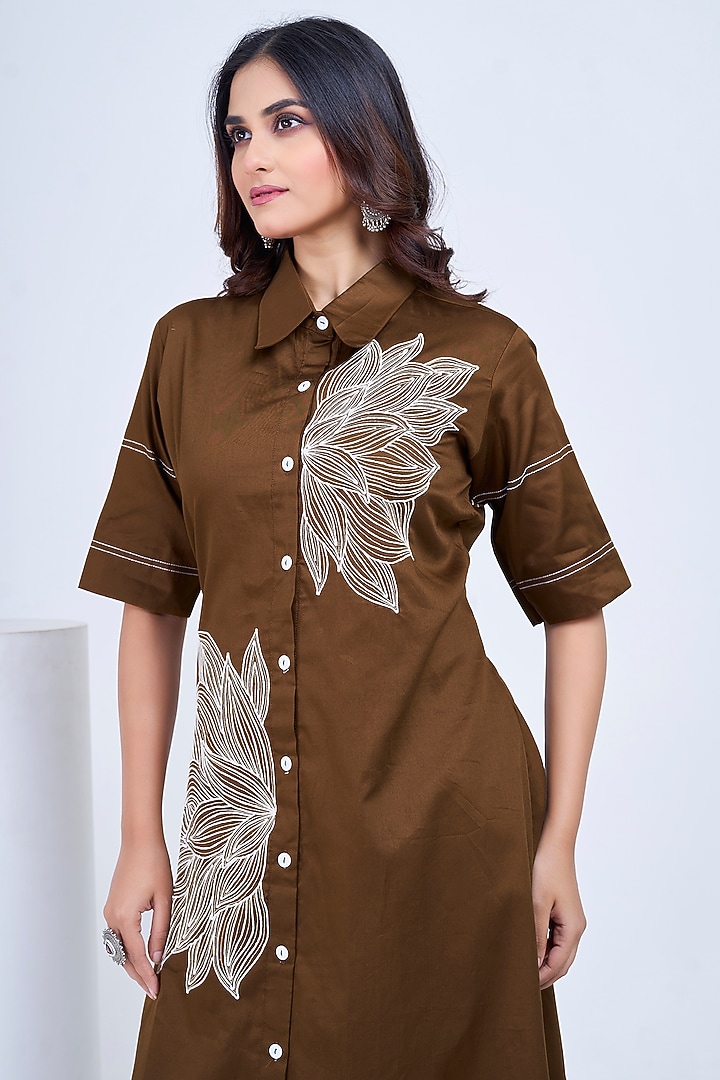 Brown Premium Cotton Embroidered Summer Shirt Dress by Ojasvini at Pernia's Pop Up Shop