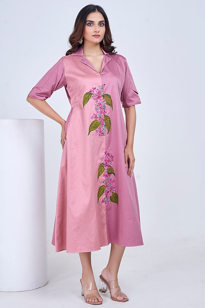 Pink Premium Cotton Hand-Painted Summer Dress by Ojasvini at Pernia's Pop Up Shop