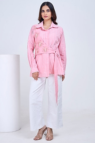 Pink Premium Cotton Embroidered Shirt by Ojasvini