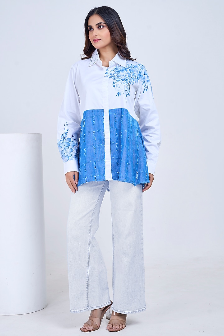 White Premium Cotton Hand-Painted & Embroidered Shirt by Ojasvini at Pernia's Pop Up Shop