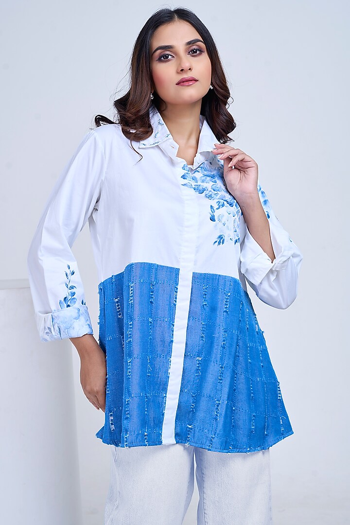 White Premium Cotton Hand-Painted & Embroidered Shirt by Ojasvini at Pernia's Pop Up Shop
