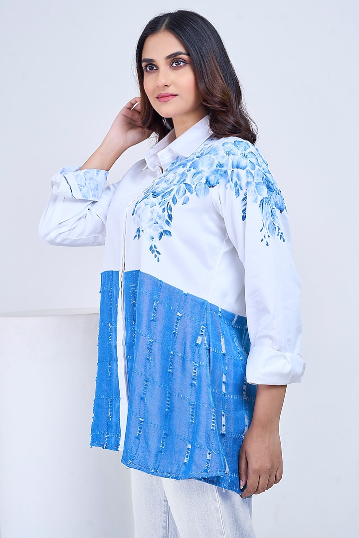 White Premium Cotton Hand-Painted & Embroidered Shirt by Ojasvini at Pernia's Pop Up Shop
