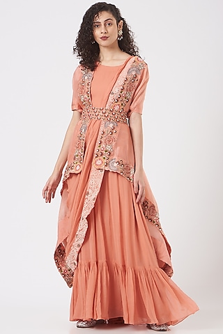 Peach Embroidered Gown Saree by Ojasvini