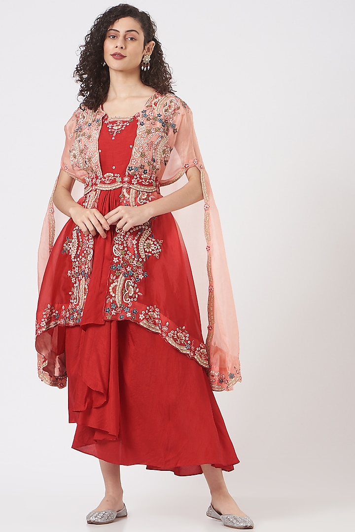 Red Embroidered Anarkali Set by Ojasvini at Pernia's Pop Up Shop