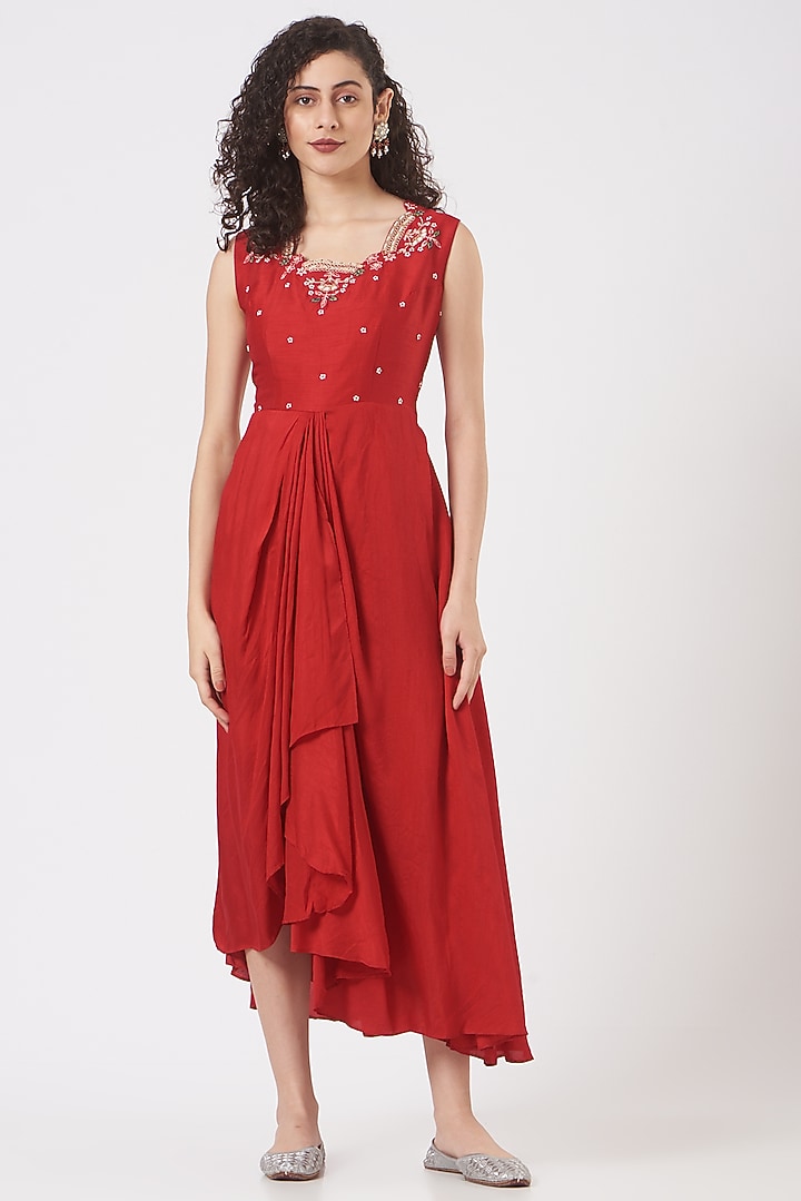 Red Embroidered Wedding Anarkali Set by Ojasvini at Pernia's Pop Up Shop