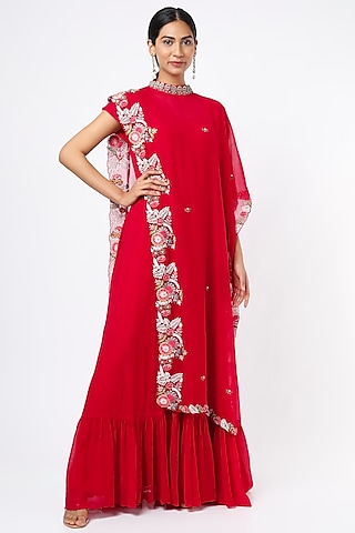 Red Chiffon Anarkali Set by Ojasvini