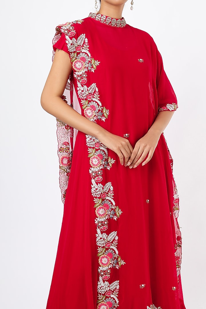 Red Chiffon Party Wear Anarkali Set by Ojasvini at Pernia's Pop Up Shop