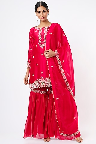 Cherry Red Georgette Sharara Set by Ojasvini