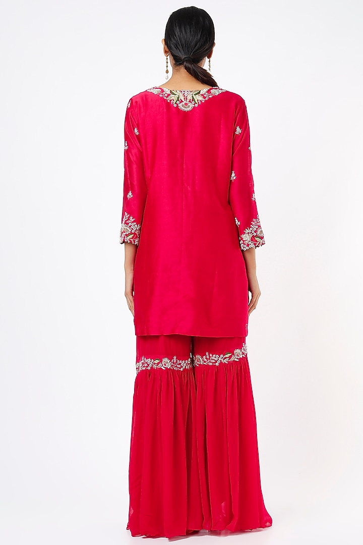 Cherry Red Georgette Wedding Sharara Set by Ojasvini at Pernia's Pop Up Shop