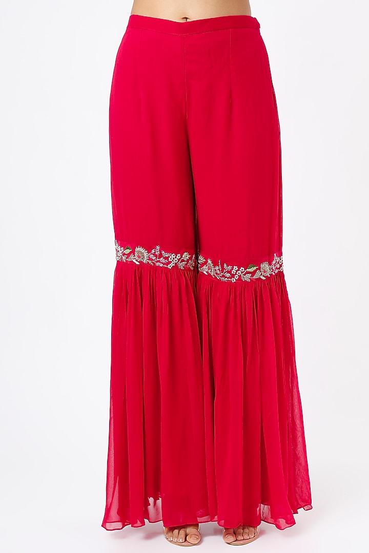 Cherry Red Georgette Wedding Sharara Set by Ojasvini at Pernia's Pop Up Shop
