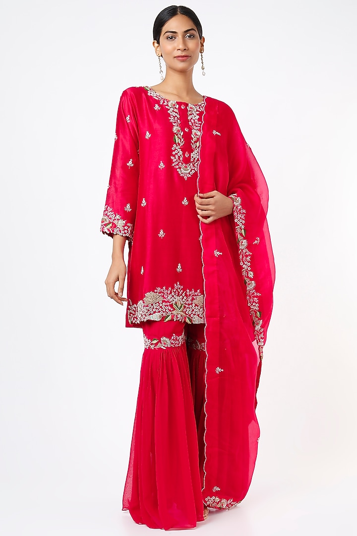 Cherry Red Georgette Wedding Sharara Set by Ojasvini at Pernia's Pop Up Shop