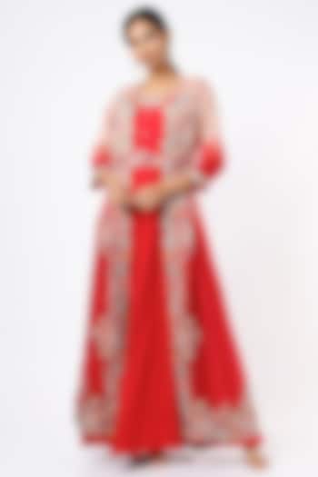 Red Anarkali With Embroidered Cape by Ojasvini