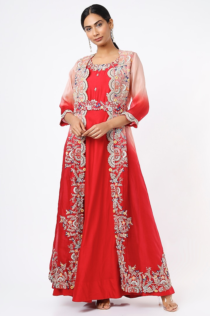 Red Anarkali With Embroidered Cape by Ojasvini