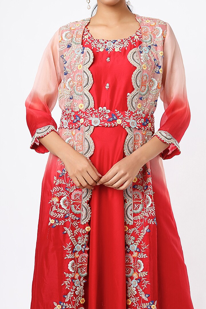 Red Wedding Anarkali With Embroidered Cape by Ojasvini at Pernia's Pop Up Shop