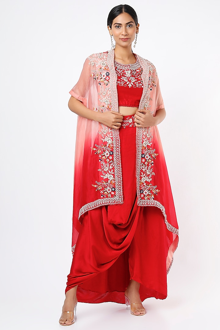 Red & Peach Embroidered Ombre Cape Set by Ojasvini