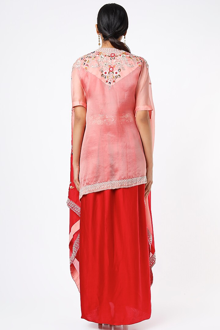 Red & Peach Embroidered Ombre Cape Set by Ojasvini at Pernia's Pop Up Shop