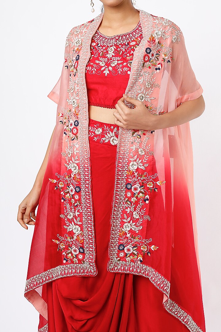 Red & Peach Embroidered Ombre Cape Set by Ojasvini at Pernia's Pop Up Shop